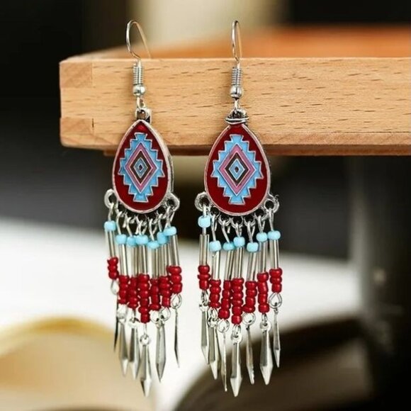Syrios Gifts Jewelry - Red Boho Tribal Beaded Dangle Earrings Gypsy Ethnic Festival Jewelry Gift